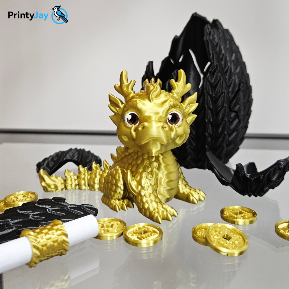 Gold baby dragon 3D print with black egg shell and coins - PrintyJay