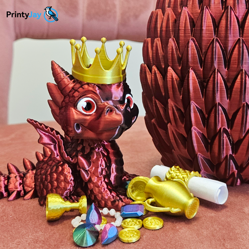 Red baby dragon 3D print with golden crown, egg and treasure - PrintyJay