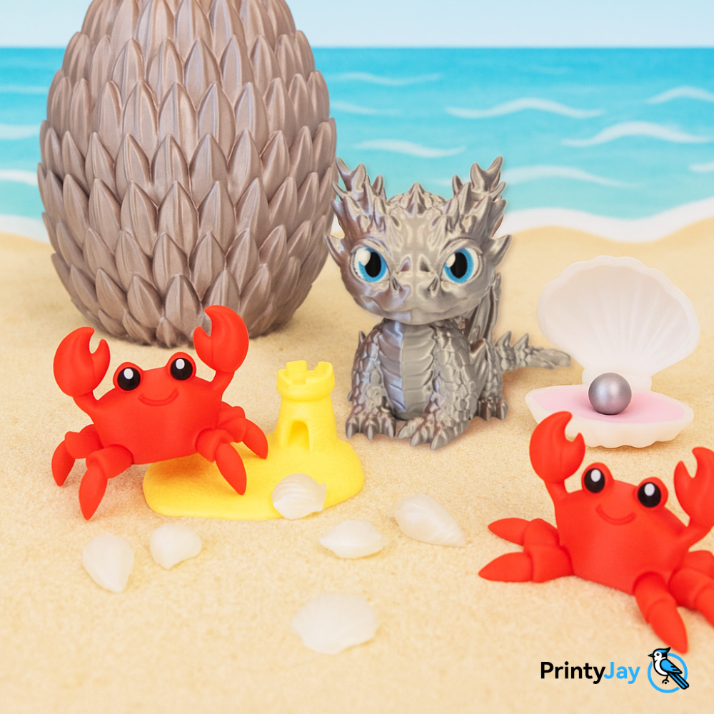 Beach scene with silver reef baby dragon and red crabs 3D prints - PrintyJay