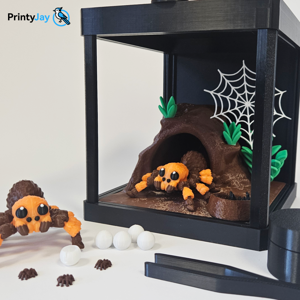 Orange tarantula terrarium 3D print with cave and spider eggs - PrintyJay