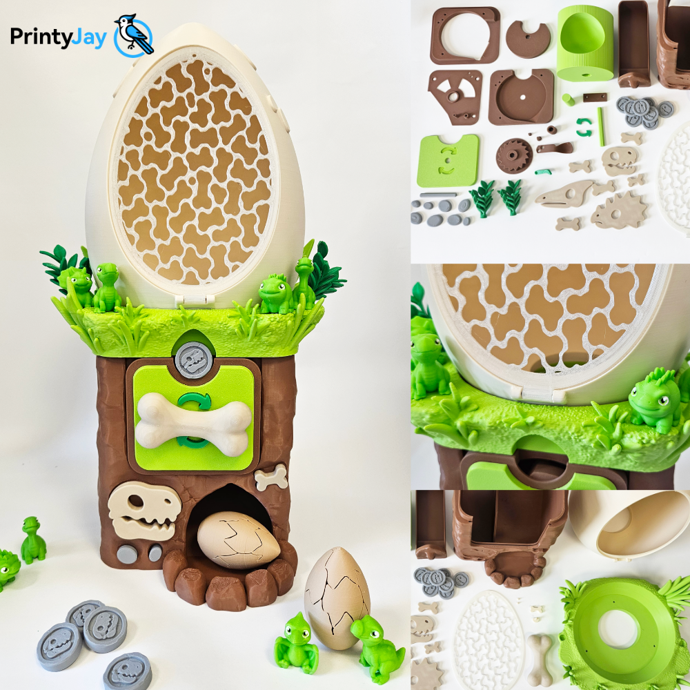 Dinosaur themed egg vending machine 3D print with assembly parts - PrintyJay